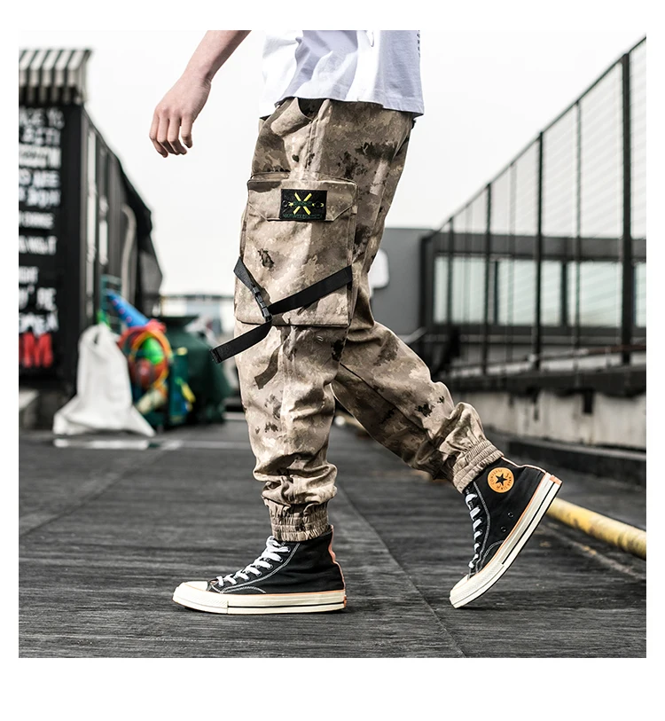 Новые Боковые карманы ленты мужские хип хоп камуфляжные рабочие брюки джоггеры брюки мужские модные длинные военные брюки