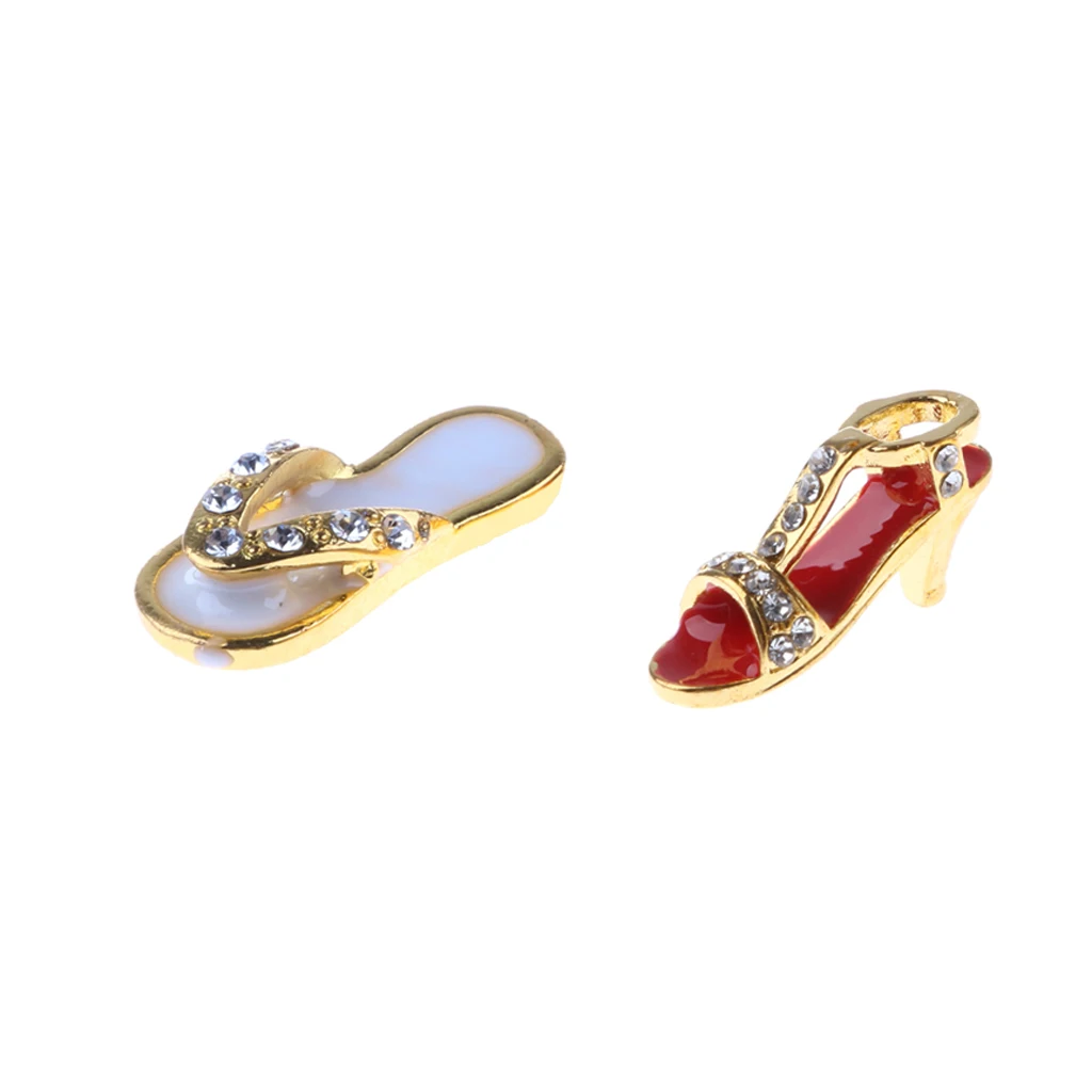 2 Pairs Lady Women Metal High-heeled Shoes Boots Slippers with Diamond 1:12 Dollhouse Miniature Home Shop Showcase Accessories