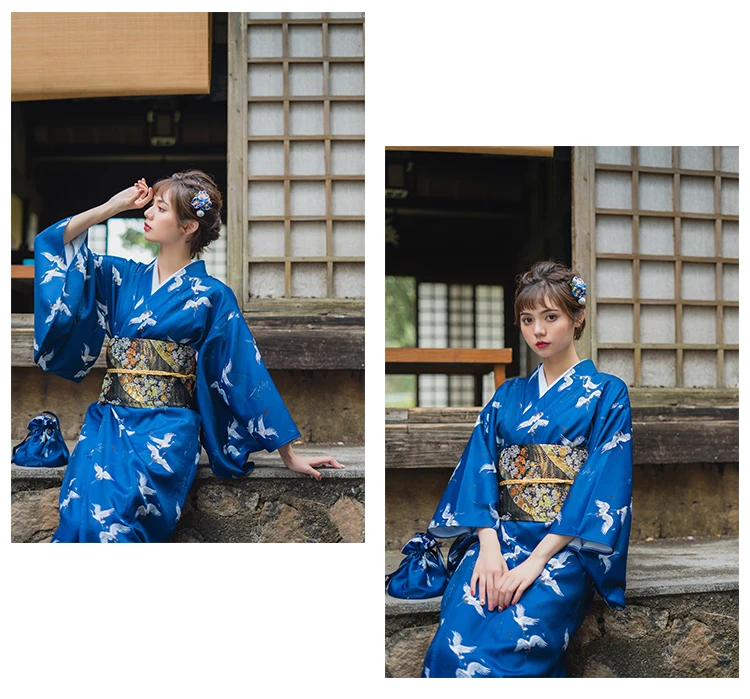 Женская традиционная юката, японское кимоно, халат, платье для фотосъемки, карнавальный костюм темно-синего цвета, принт крана, винтажная одежда