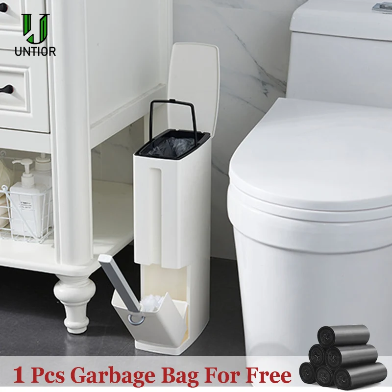 

UNTIOR 6L Narrow Plastic Trash Can Set Toilet Brush Bathroom Waste Bin Dustbin Trash Cans Garbage Bucket Garbage Bag Dispenser