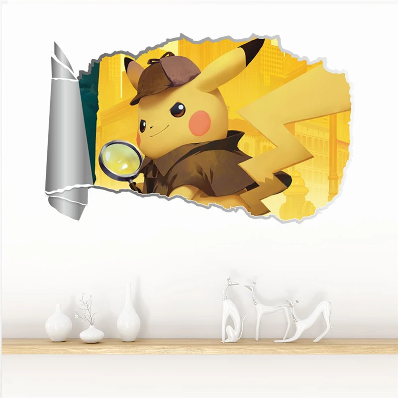 

cartoon Pikachu pet elves through wall stickers bedroom home decor 3d Pokemon Go game wall decals pvc mural art diy wallpaper