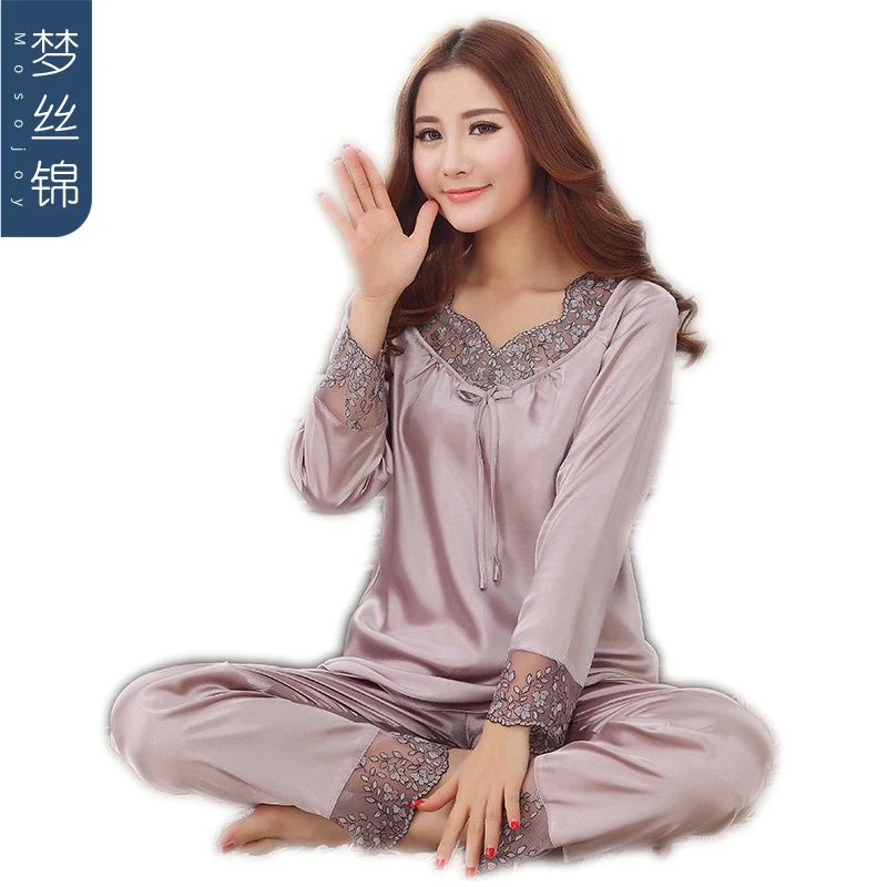 2018 new luxury women silk pajamas solid embroidery pyjamas women