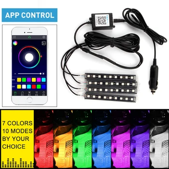 

OKEEN 4pcs/set APP bluetooth Music control RGB LED neon atmosphere light strip 5050 9smd LED car interior Floor Foot Decoration