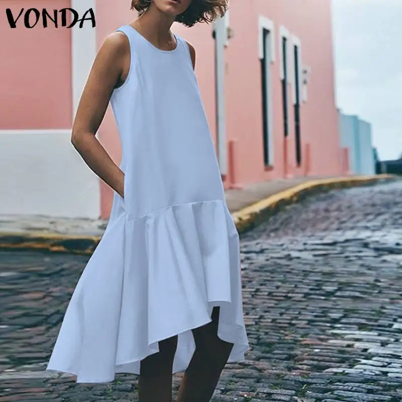 VONDA, летнее платье, женское, сарафан,, сексуальное, без рукавов, с асимметричным подолом с оборками, подол, жилет, платья, Пляжное, длинное, топ размера плюс, повседневное, Vestido