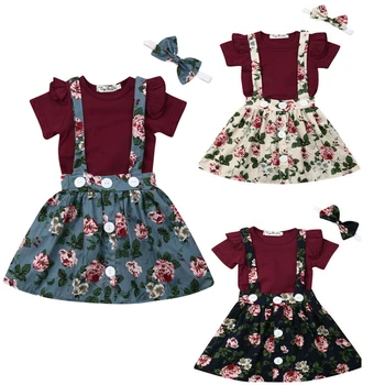 

3PCS Set Newborn Baby Girl Short Sleeve Cotton Bodysuit Floral Suspender Skirt Overall Dress Headband Princess Girls Clothes Set