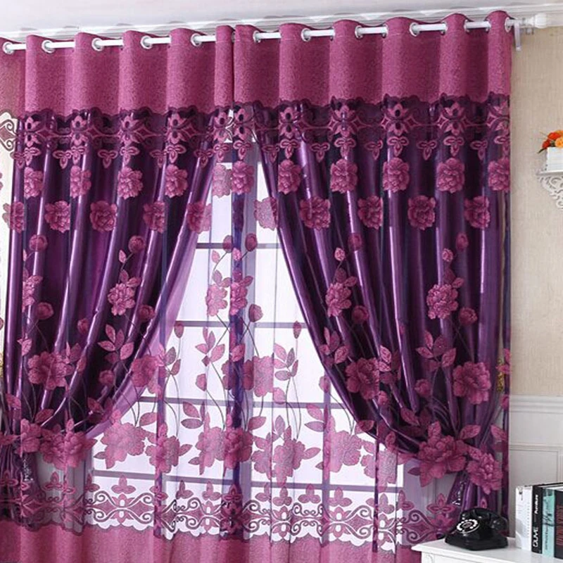 Фиолетовая занавеска, прозрачная вуаль для спальни, деревенский выгорающий цветок, готовая оконная занавеска, тюль для кухни, гостиной, AG087& 2