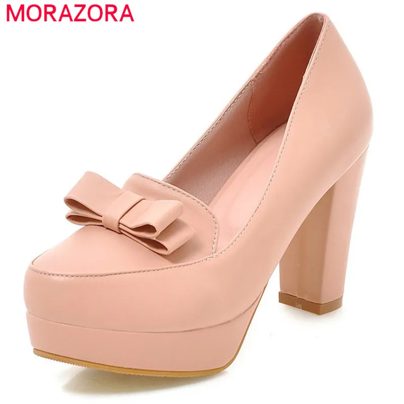 

MORAZORA new spring summer pumps women shoes shallow slip on with butterfly knot round toe high heels platform shoes