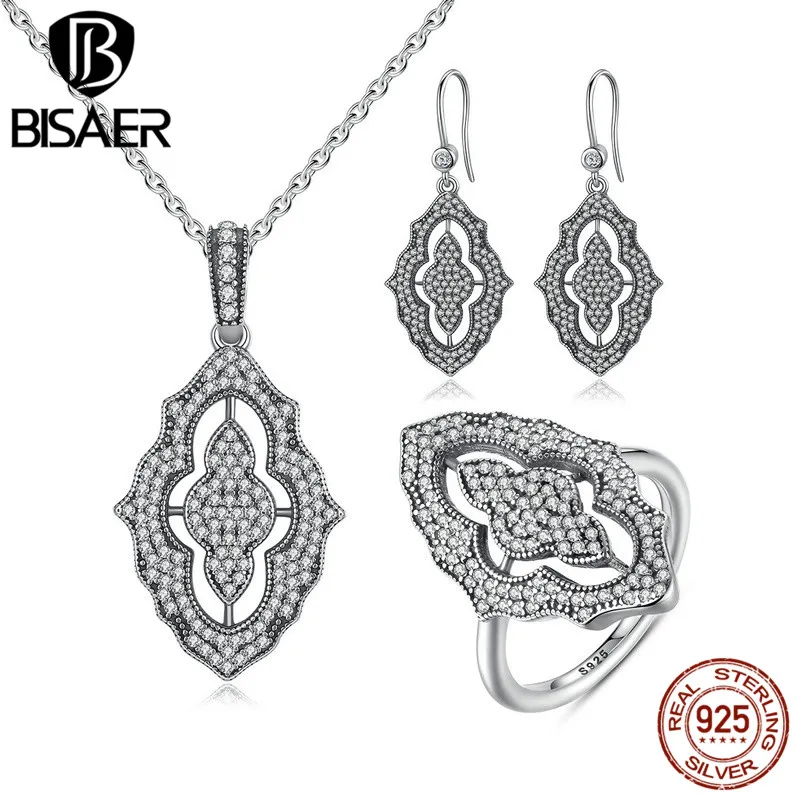 

BISAER 100% 925 Sterling Silver Sparkling Lace Stunning Long Pendant Necklace Silver Jewelry Sets Sterling Silver Jewelry HPS012