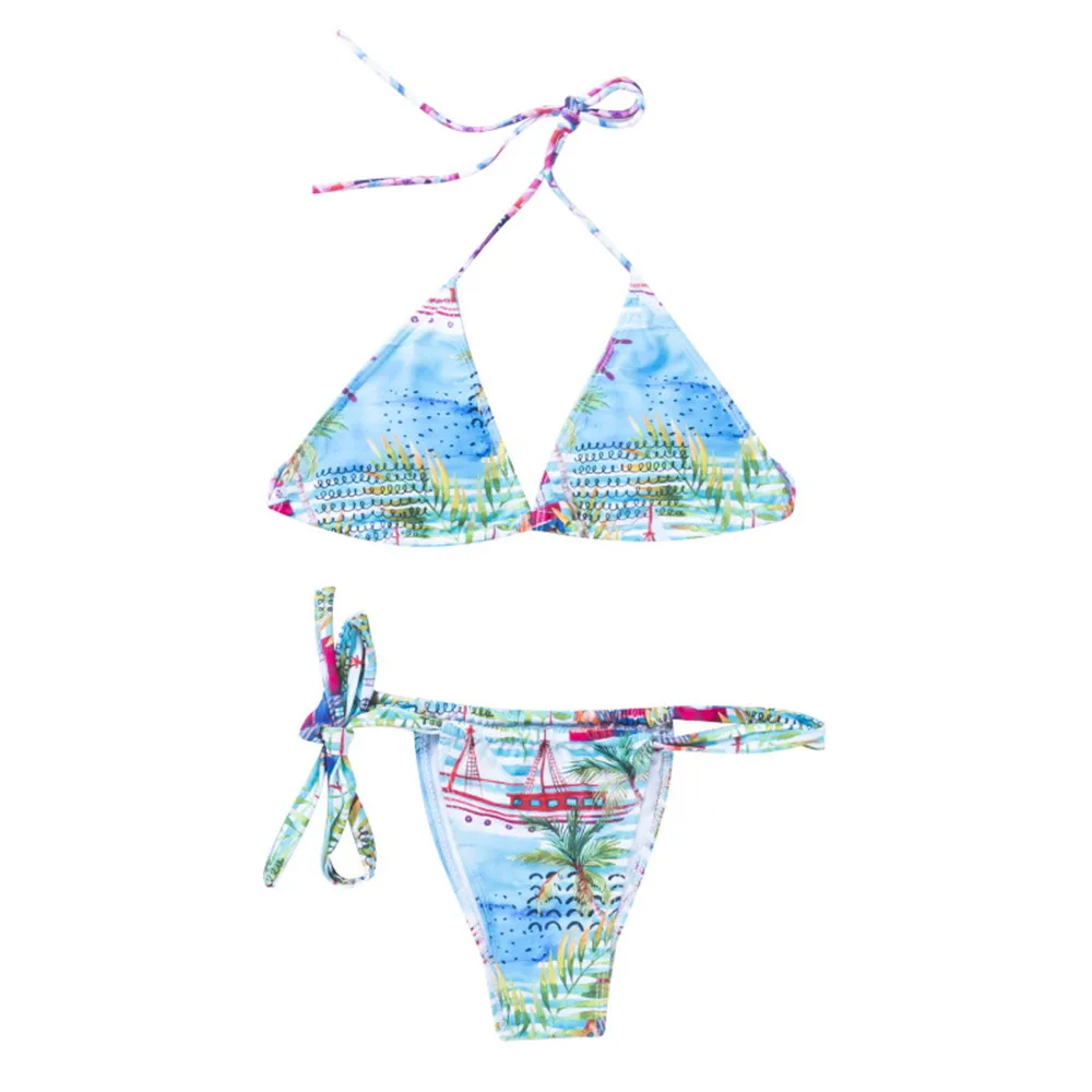 Sexy Colorfu Rainbow Striped Flora Bikini Set String Triangle Women's Swimwear Self Tie Side Tange Biniki 4 Color Size XL 7