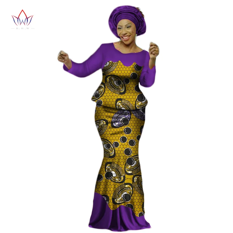 Africa Style Bazin Riche Dresses for Women Two Pieces Set Women Long Sleeve Tops and Long African Print Skirt Plus Size WY2454