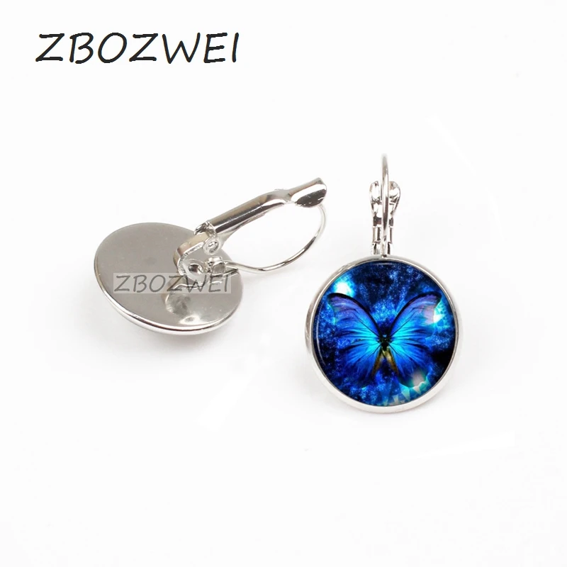 

ZBOZWEI 2018 wholesale Blue Butterfly earring fashion vintage Glass earring dome Cabochon Round steampunk earring Jewelry