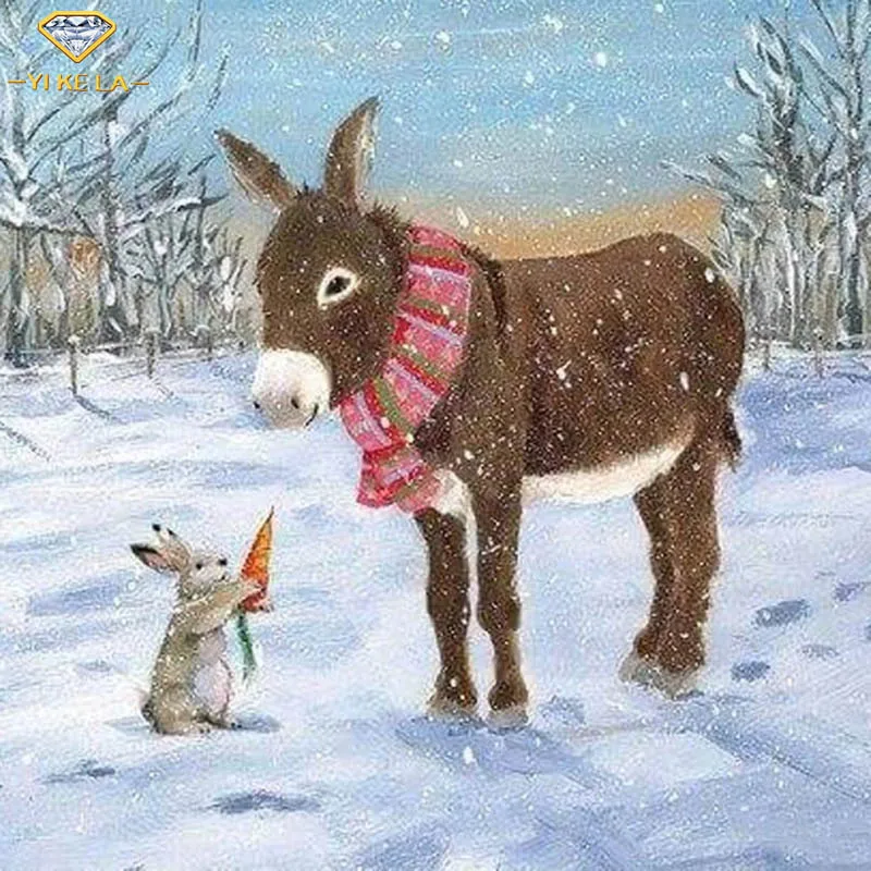 

YIKELA Animal 5d Diy Diamond Painting Snow Full Drill Square Scenery Donkey Rabbit Mosaic Wall Needlework Painting Decoration