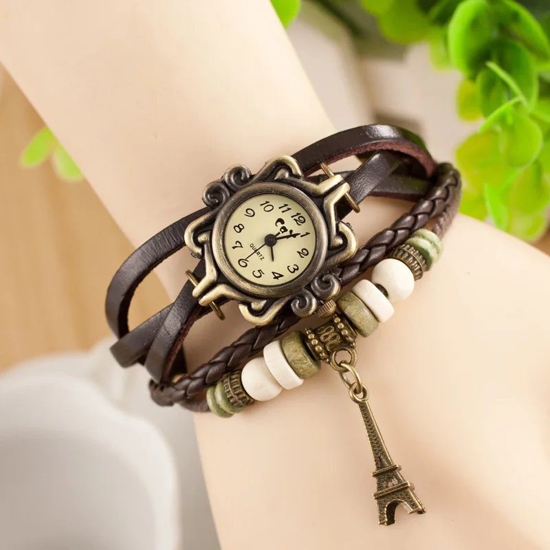 

Fashion Geneva Watch Women Leather Woven Strap Tower Pendant Wristwatches Vintage Bracelet Quartz Watches Women Relogio Feminino
