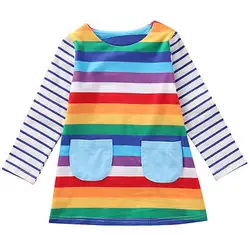Осеннее платье для маленьких детей милая одежда для маленьких девочек в полоску с радугой топы с длинными рукавами, праздничное платье