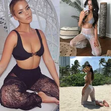 Женские сетчатые длинные штаны в полоску, тонкие леггинсы, прозрачные вечерние купальники для коктейлей, женские кружевные штаны для пляжного отдыха A30417