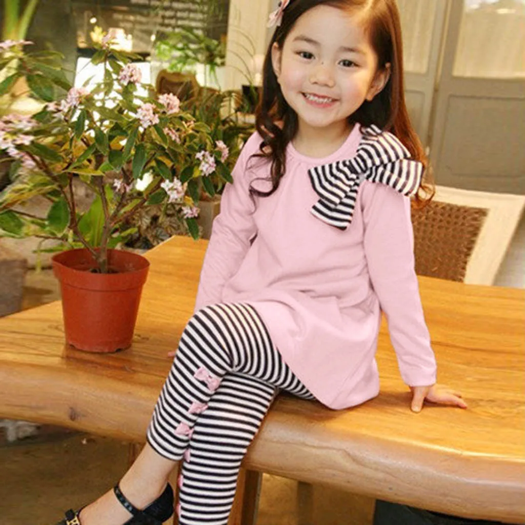 

Toddler Girl Kids Clothes Long Sleeve Bow T-shirt+Stripe Pants Outfits Set New Fashion Casual Children's Baby Girl Suit