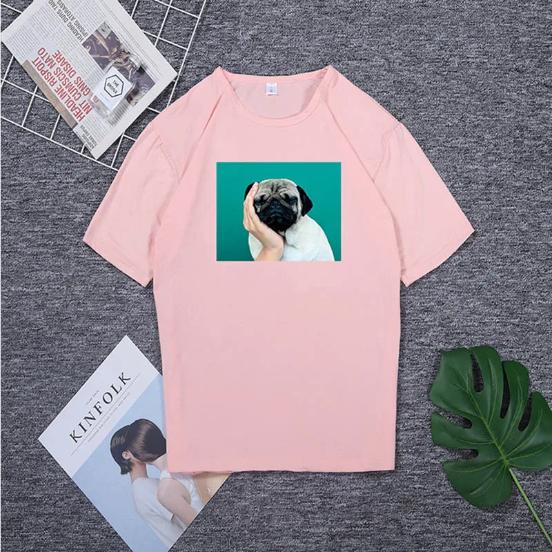 

S-3XL Pug Dog Printed Spandex Soft feeling T Shirt Women Shirts O Neck Short Sleeve Summer T-Shirt Tops Casual Pink TShirt