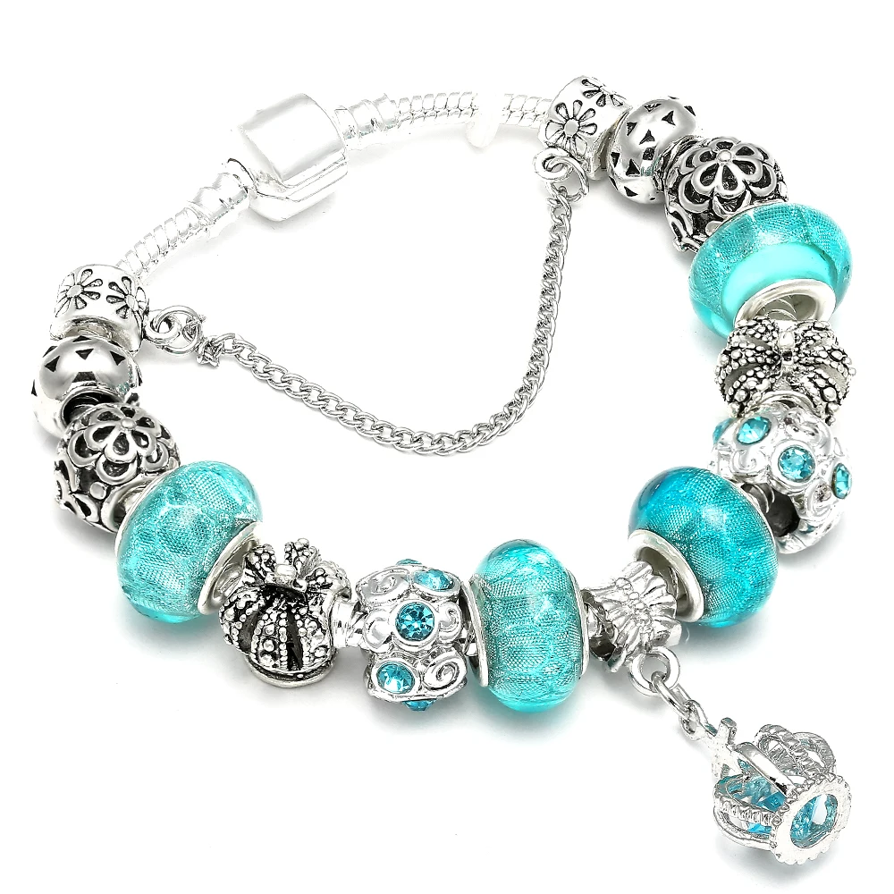 Fashion Blue Water Drop Charm Pandora Bracelet Crown Brads Bracelets