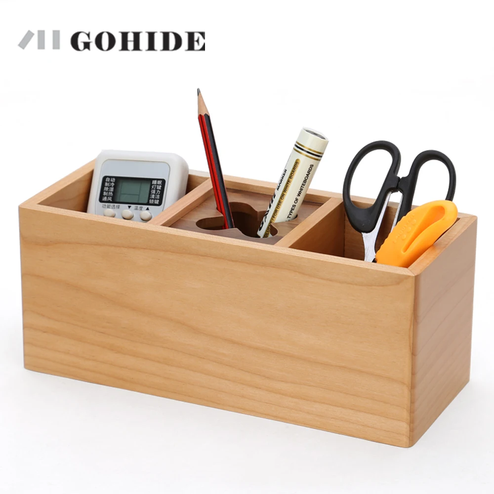 JUH Office Pen Holder Natural Wooden Pen Box In 3 grids Desk Organizer Pencil Stand Simple Style