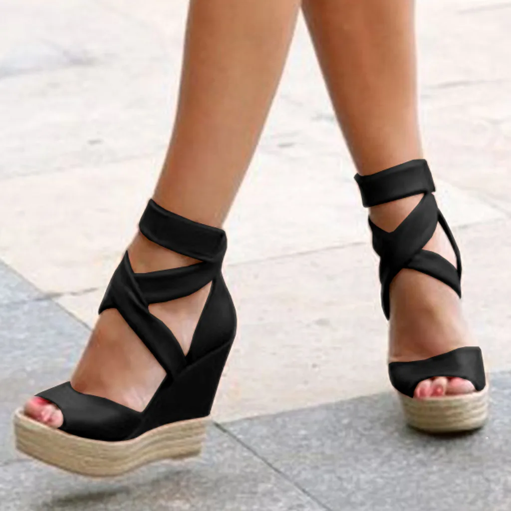 

SAGACE 2019 Fashion Retro Women's Cross Strap Lace-Up Wedges Thick Bottom Roman Solid Color Shoes Puls Size 35-43 Sandals J15