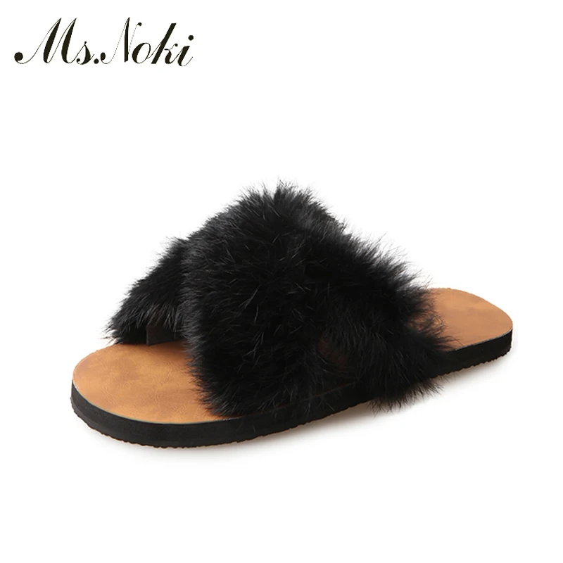 

Ms.Noki Fur Fashion mule femme lady flat flip flops thong sandle slide home fur slipper Winter shoes shoe for women