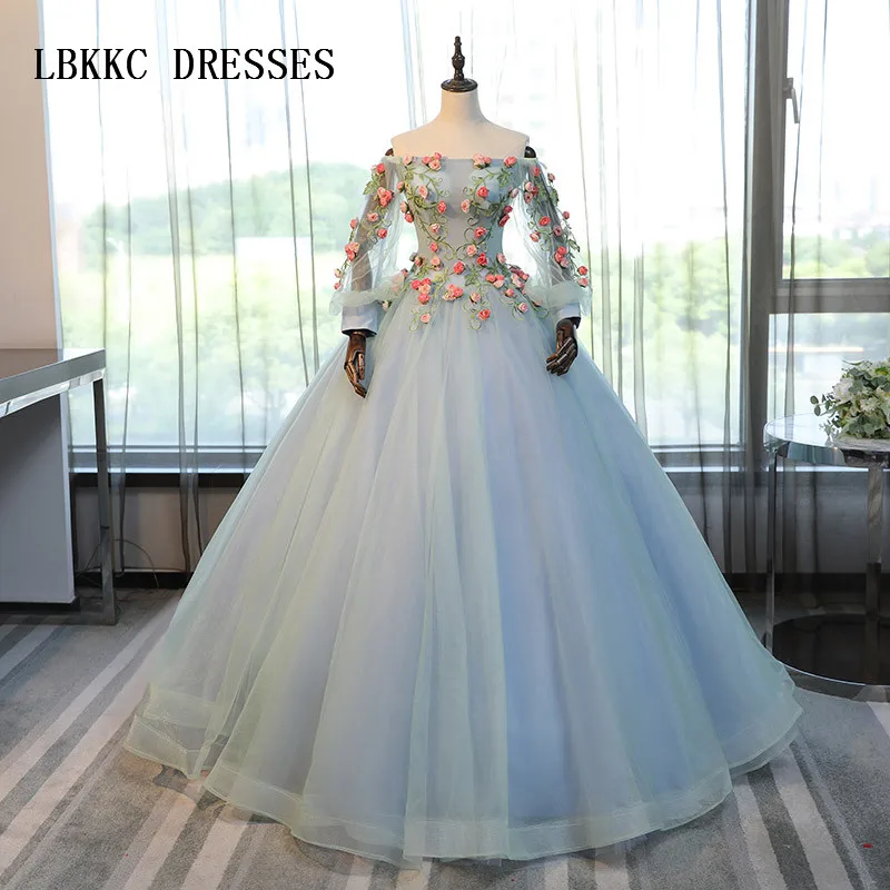 

Blue Quinceanera Dresses Long Sleeves Colorful Lace Princess Ball Gown For Prom Sweet Sixteen 16 Dresses Vestidos De 15 Anos