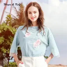 Weyes и кепф осень o-образным вырезом с цветочным принтом трикотажная футболка Для женщин синий футболка с короткими рукавами футболка Женские