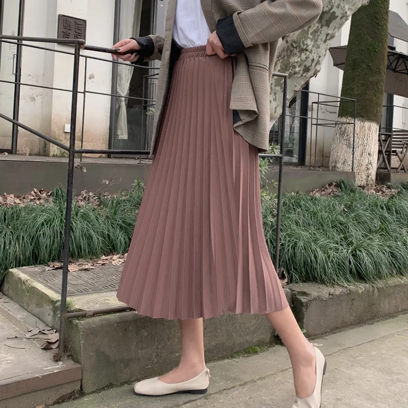 Billig 5 farben 2019 Neue Herbst Winter Hohe Taille Vintage Einfarbige Röcke Weibliche Elastische Mid kalb Länge Röcke
