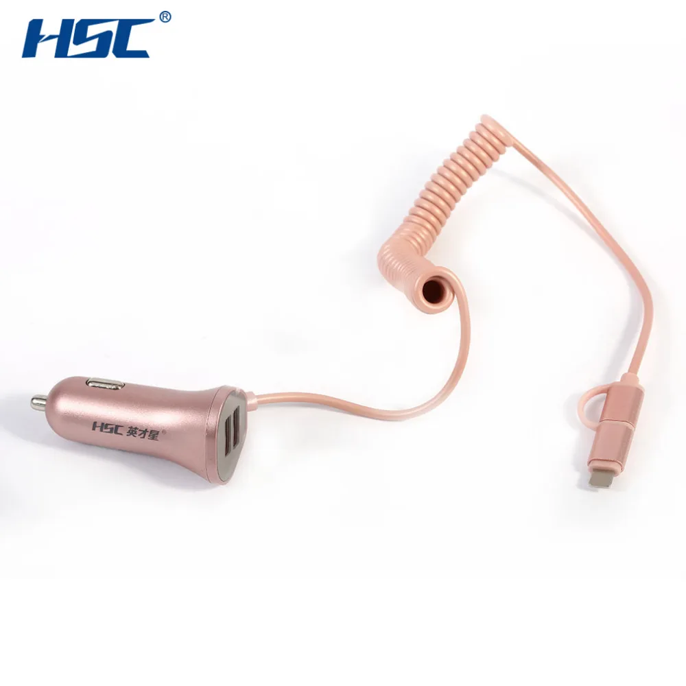 HSC Car Charger Dual USB 2 4A 130cm Cable Dual Connector Fast Charging Spring Charger Cable
