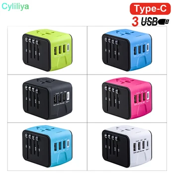 

Universal All-in-one USB Travel Adapter Power Adapter with 3-port USB 1 Type C portable Charger Wall Outlet Plugs 30pcs