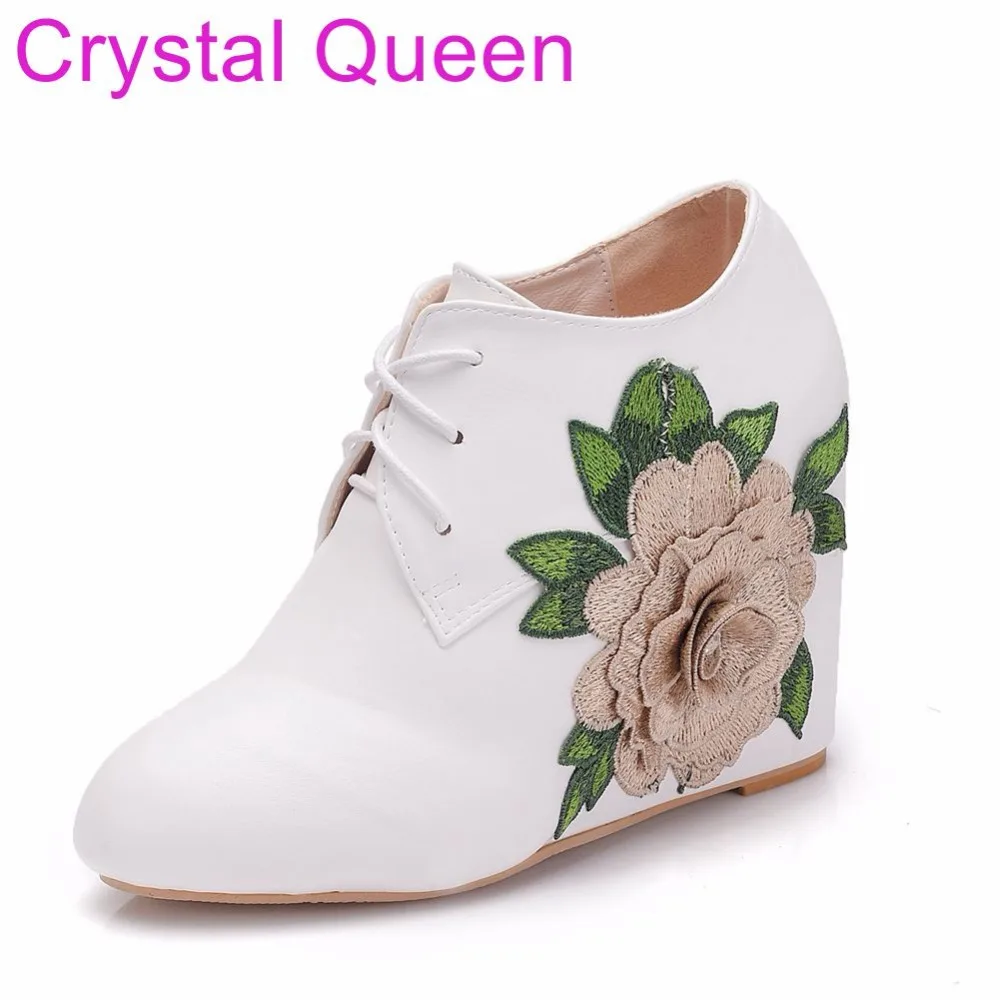

Crystal Queen White Spring Wedges Boots Wedding Wedges High Heels Round Toe Ankle Boots Lace-UP wedding Princess Christmas Boots