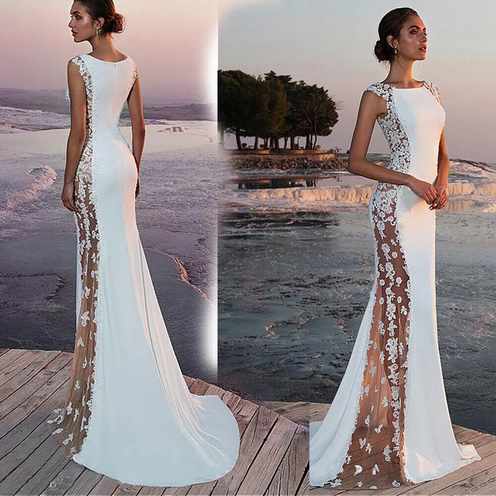 

Women Solid Formal Wedding Lace Evening Party Ball Prom Long Dress