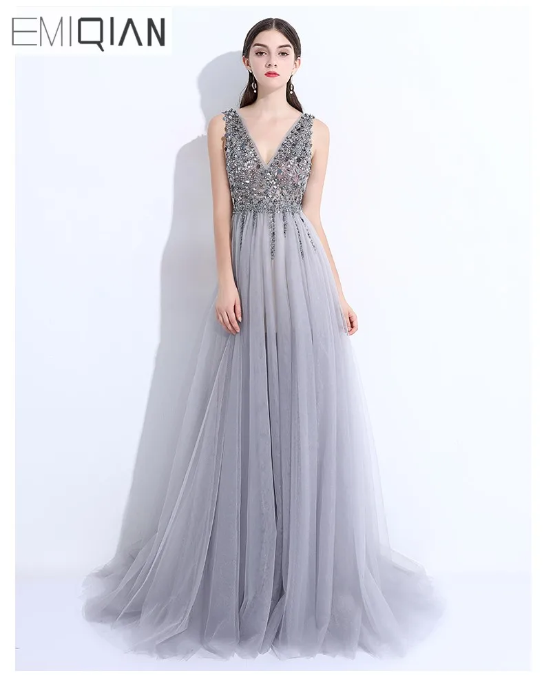 

Beaded Pearls Pageant Gown Bling robe de soiree Sexy V Neck Front Slit Gray Tulle Long Formal Evening Dresses