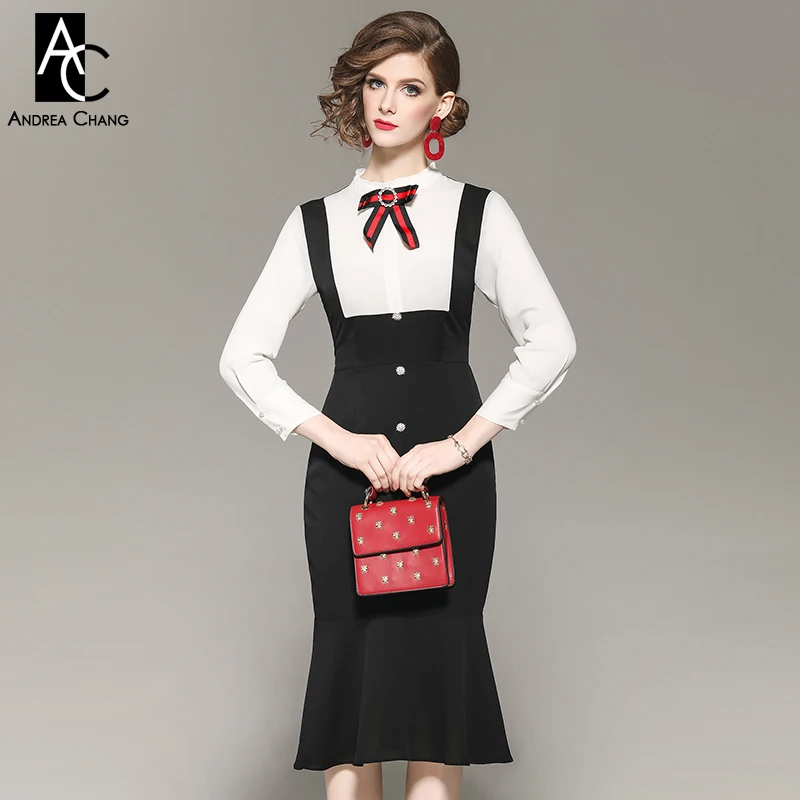 

autumn spring woman dress beading collar red bow white top black patchwork dress fashion vintage calf length long trumpet dress