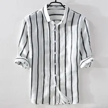 Chemise d'été en lin pour hommes, à rayures blanches, à la mode, col rabattu, confortable, de marque italienne