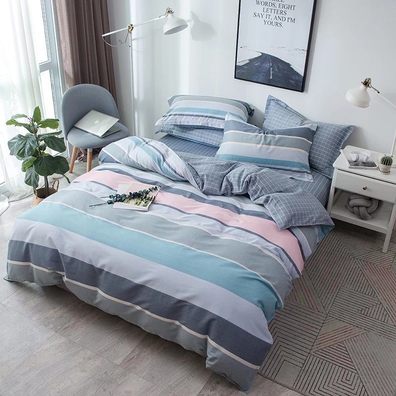 Bedding Set 100% cotton fashion simple style striped 4pcs Duvet Cover Set Bed Linen queen king Flat Bed Sheet luxury Home Textie