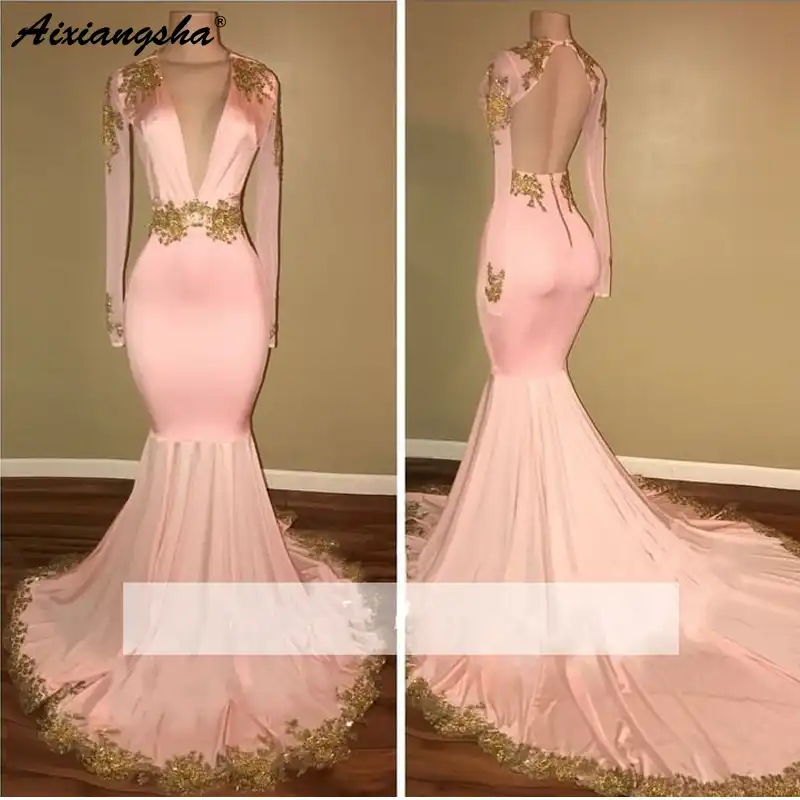 Sexy Pink Long Sleeves Prom Dress 2020 Mermaid Sequin Lace 3D Flower