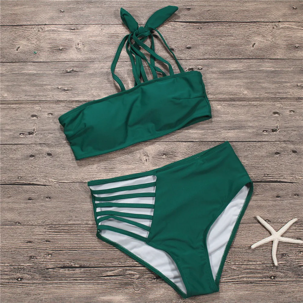 

2019 New Summer Green High Waist Swimsuit Women Cutout Two Piece Bikini Set One Off Shoulder Swimwear Sexy Beach Biqiuni