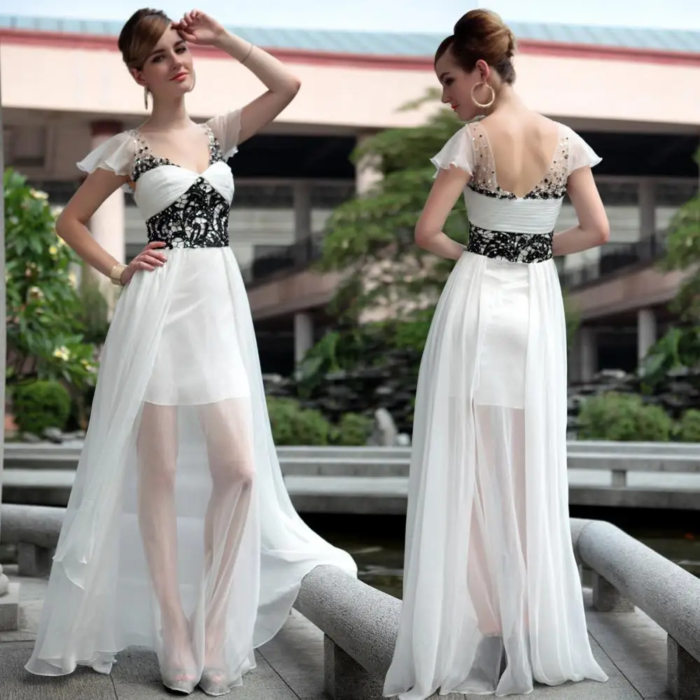 

free shipping 2013 white chiffon lace cap sleeve vestidos formales sexy maxi dresses long girls party dresses Graduation Dresses