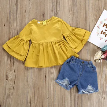 

Baby Girs Outfits Toddler Kid Baby Girls Ruffled Trumpet Sleeves Top Denim Shorts Outfits Set