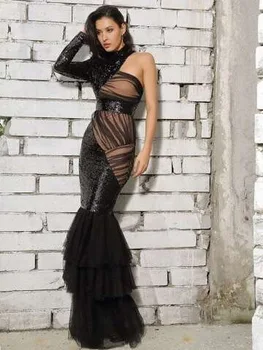 

Winter Dress Women Sexy Sequins Long Sleeve Mesh Long Bodycon Dress 2019 Elegant Trumpet Fishtail Maxi Party Dress