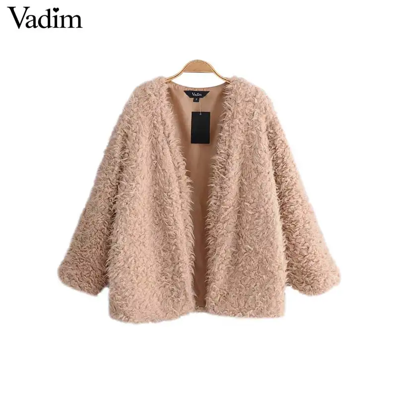 

Vadim women winter warm loose coat thick faux fur open stitch long sleeve solid outerwear ladies oversized tops chaqueta CA171