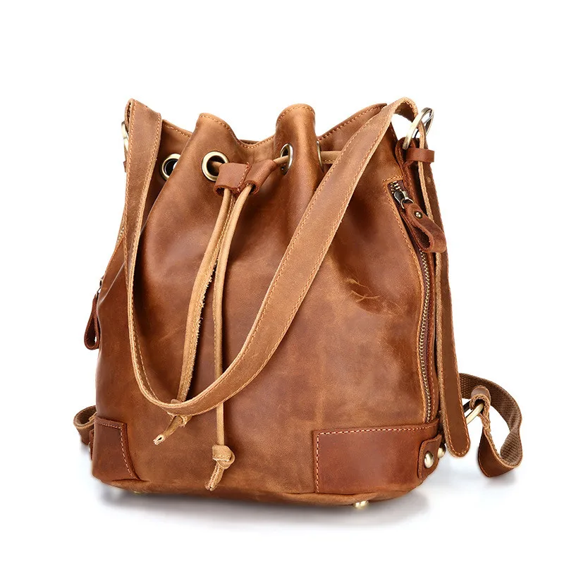 Leather Shoulder Messenger Bucket Bag Retro Leather Ladies Backpackin Backpacks from Luggage