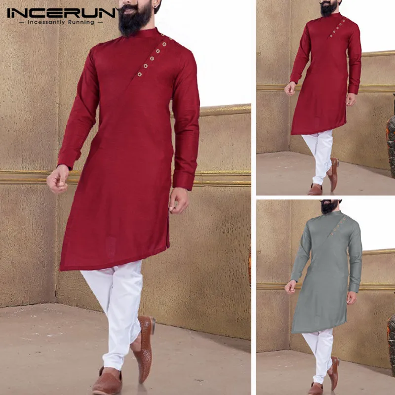 INCERUN, мусульманская одежда с длинными рукавами, одноцветная Мужская мусульманская одежда с длинными рукавами, мужская одежда с неровной строчкой из Саудовской Аравии 5XL