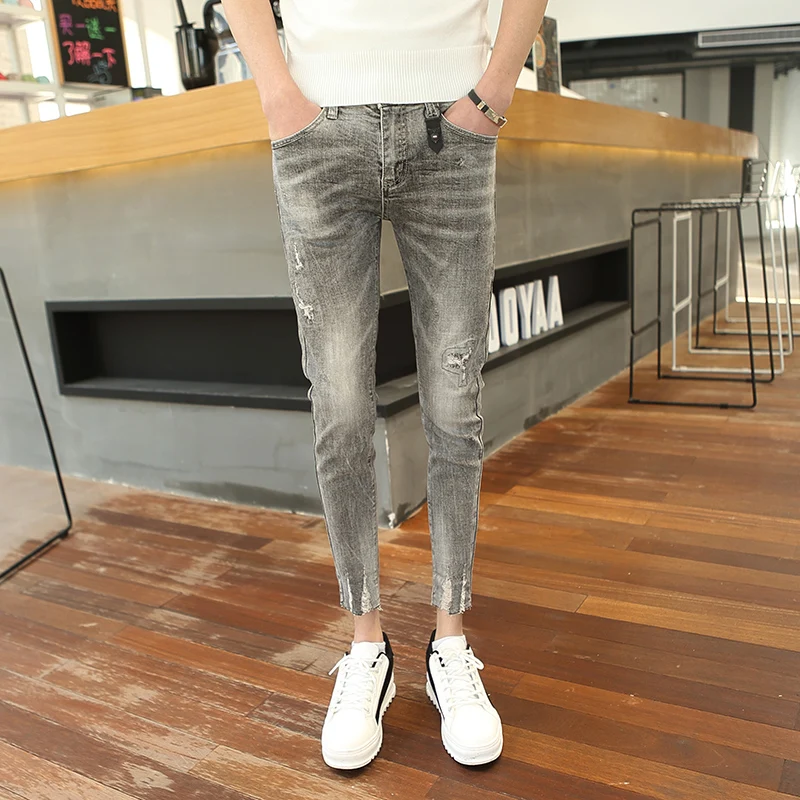 2019 spring men's new denim 9 points pants tide men's hole slim slim feet pants youth simple jeans