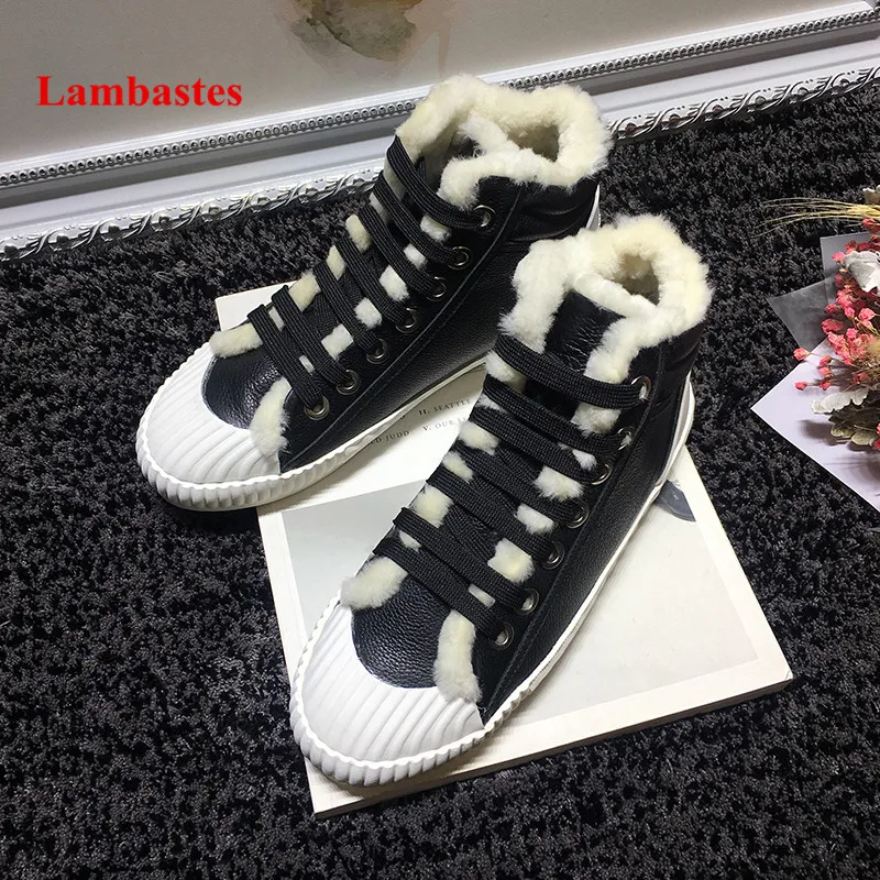 

Hiver Bottines Femme Black Genuine Leather Wool Design Warm Snow Boots Ankle High Lace Up Flat Botas Platform Casual Shoes Mujer