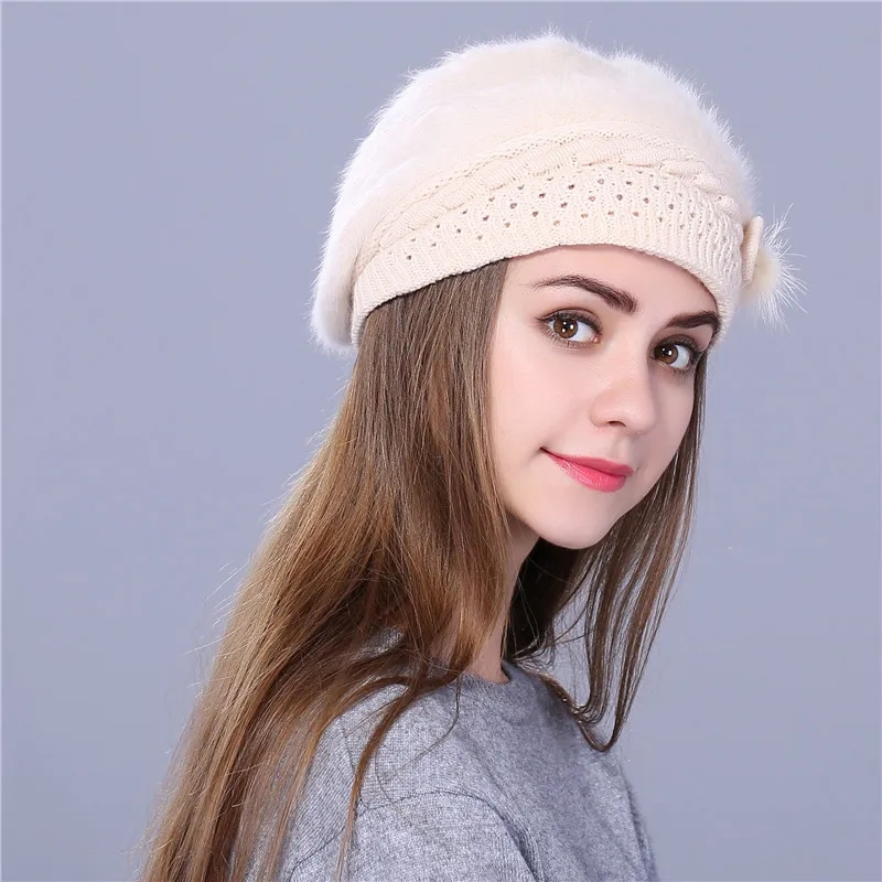 Женский вязаный берет из кроличьего меха однотонный|beret hats for women|beret hatberet winter hat |