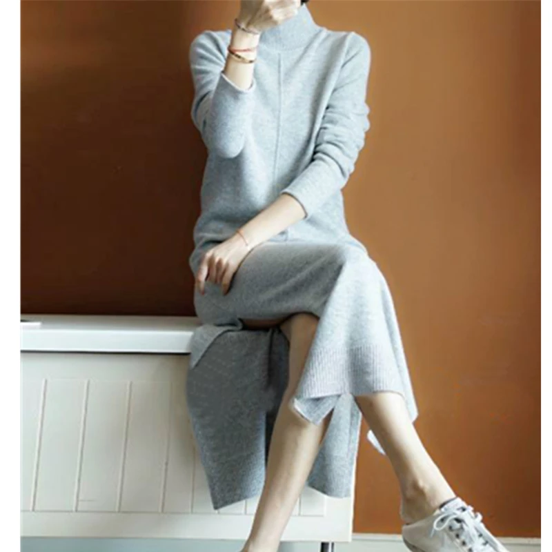 

Long sweater female 2018 autumn winter new network pullover bottoming skirt repair tall collar cashmere sweater knee Women dress