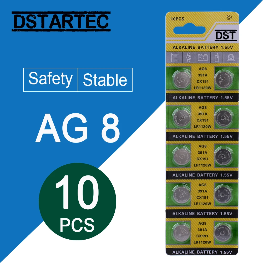 

10pcs/card 30mAh 1.55V AG8 LR1120 391 SR1120 R1120W CX191 Button Batteries For Watch Toys Remote etc; Cell Coin Battery