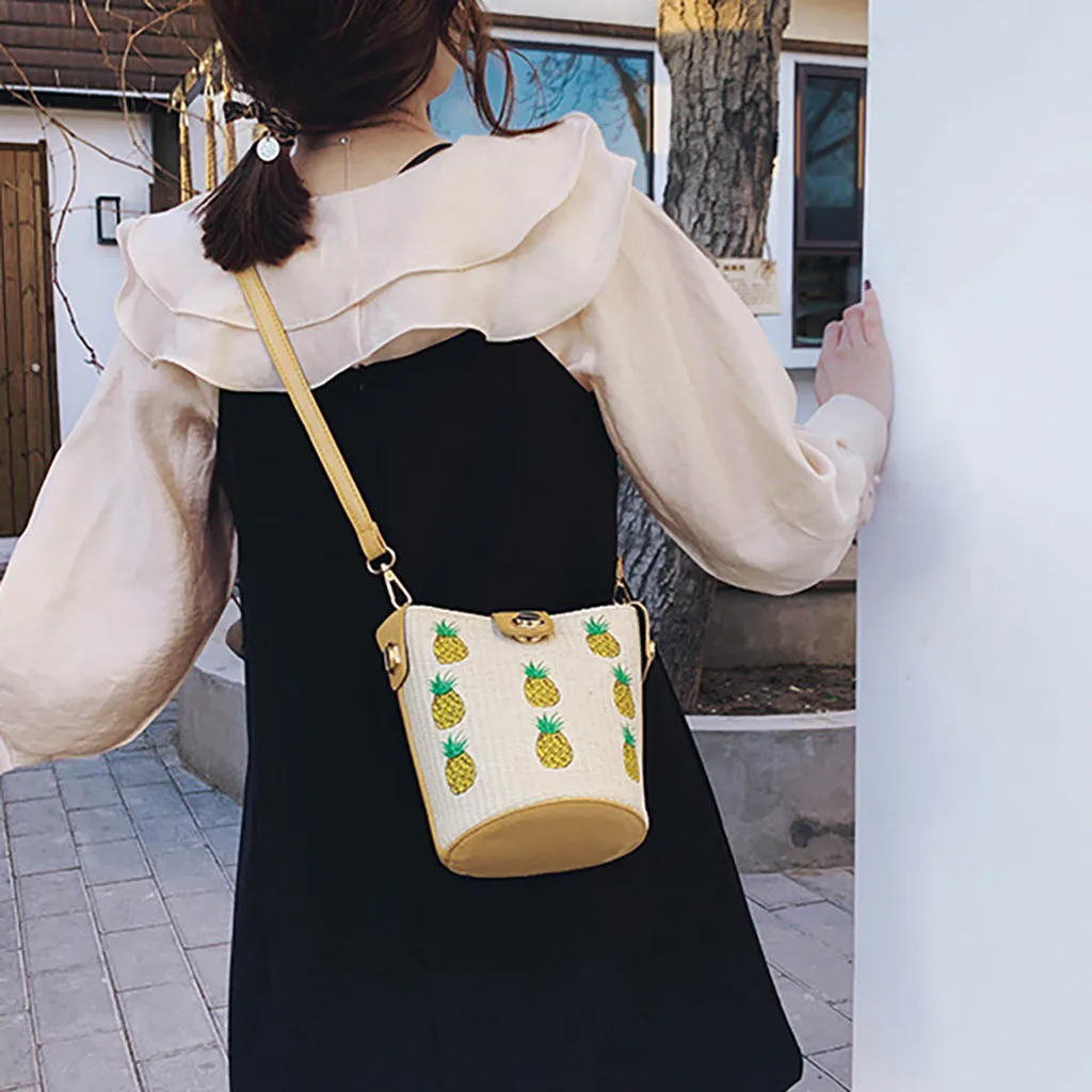 

Women Shoulder Bag Fashion Summer Beach Pineapple pattern Wild Chain Messenger Bags Solid Weaving Bag bolsa feminina